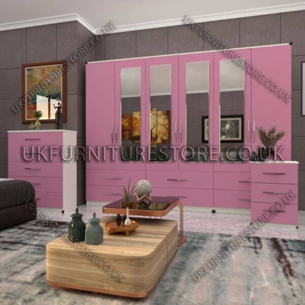 Front Pink Side White 6 Door Wardrobe Set With 4 Mirrors and 6 Bottom Drawer