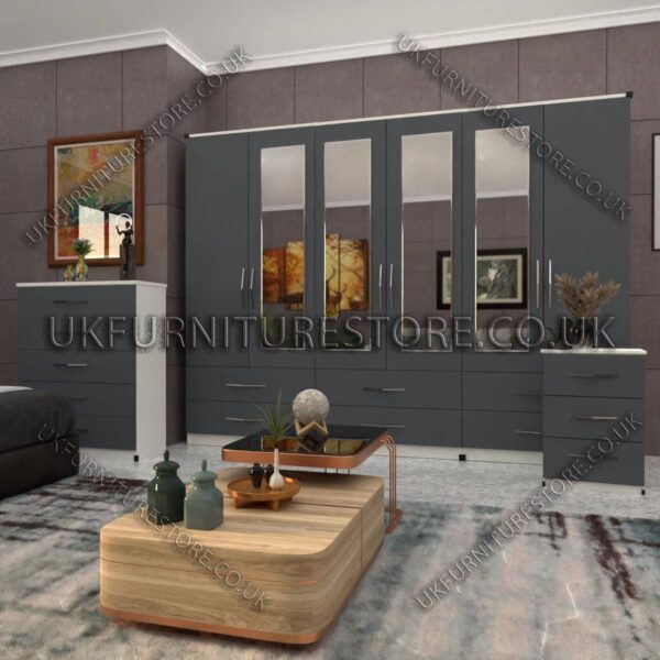Front Gray Side White 6 Door Wardrobe Set With 4 Mirrors and 6 Bottom Drawer
