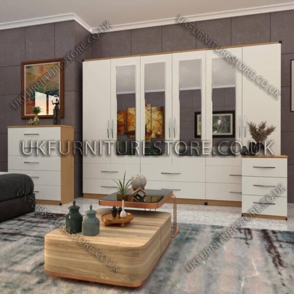 Front White Side Oak 6 Door Wardrobe Set With 4 Mirrors and 6 Bottom Drawer