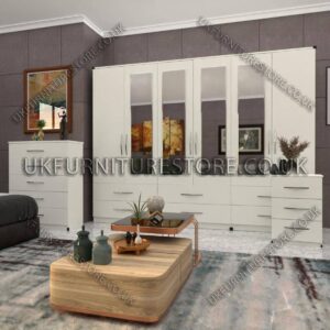 White 6 Door Wardrobe Set With 4 Mirrors and 6 Bottom Drawer
