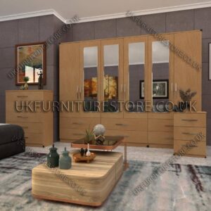 Beech 6 Door Wardrobe Set With 4 Mirrors and 6 Bottom Drawer