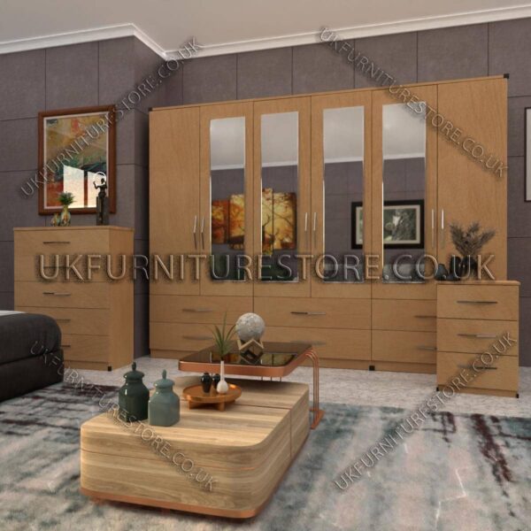 Beech 6 Door Wardrobe Set With 4 Mirrors and 6 Bottom Drawer