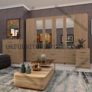 Oak 6 Door Wardrobe Set With 4 Mirrors and 6 Bottom Drawer
