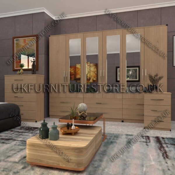 Oak 6 Door Wardrobe Set With 4 Mirrors and 6 Bottom Drawer
