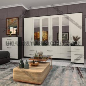 Front White Side Black 6 Door Wardrobe Set With 4 Mirrors and 6 Bottom Drawer