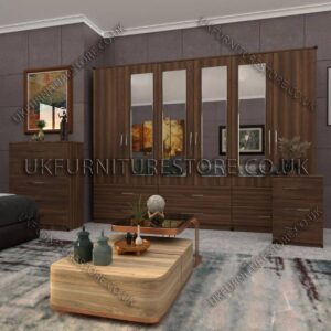 Walnut 6 Door Wardrobe Set With 4 Mirrors and 6 Bottom Drawer