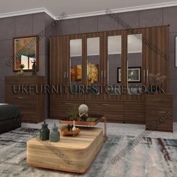 Walnut 6 Door Wardrobe Set With 4 Mirrors and 6 Bottom Drawer