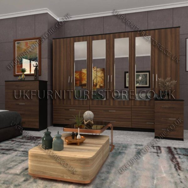 Front Walnut Side Black 6 Door Wardrobe Set With 4 Mirrors and 6 Bottom Drawer