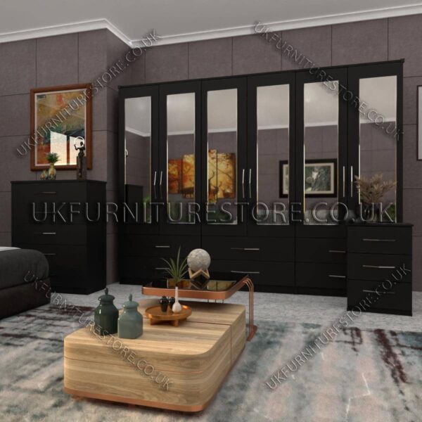 Black 6 Door Wardrobe Set With 6 Mirrors and 6 Bottom Drawer