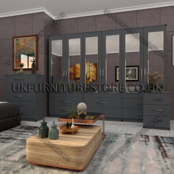 Gray 6 Door Wardrobe Set With 6 Mirrors and 6 Bottom Drawer