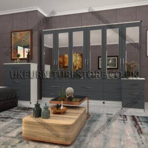 Front Gray Side White 6 Door Wardrobe Set With 6 Mirrors and 6 Bottom Drawer