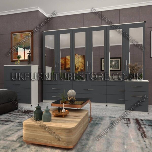 Front Gray Side White 6 Door Wardrobe Set With 6 Mirrors and 6 Bottom Drawer