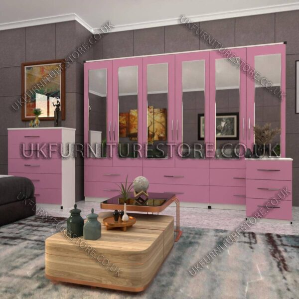 Front Pink Side White 6 Door Wardrobe Set With 6 Mirrors and 6 Bottom Drawer