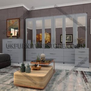 Silver 6 Door Wardrobe Set With 6 Mirrors and 6 Bottom Drawer