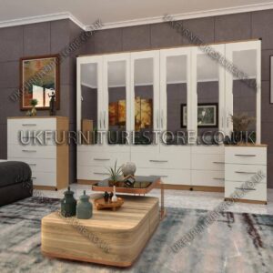 Front White Side Oak 6 Door Wardrobe Set With 6 Mirrors and 6 Bottom Drawer