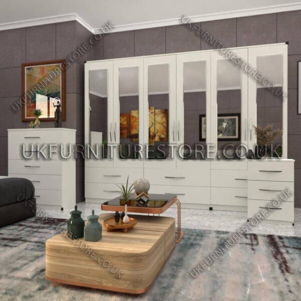 White 6 Door Wardrobe Set With 6 Mirrors and 6 Bottom Drawer