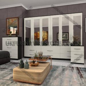 Front White Side Black 6 Door Wardrobe Set With 6 Mirrors and 6 Bottom Drawer