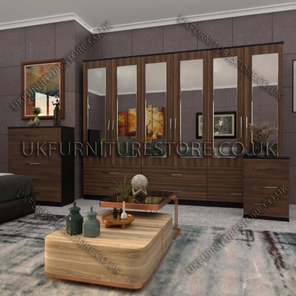 Front Walnut Side Black 6 Door Wardrobe Set With 6 Mirrors and 6 Bottom Drawer