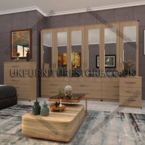 Oak 6 Door Wardrobe Set With 6 Mirrors and 6 Bottom Drawer