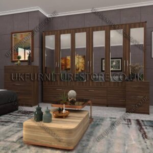 Walnut 6 Door Wardrobe Set With 6 Mirrors and 6 Bottom Drawer