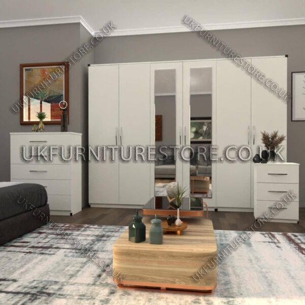 White 6 Door Wardrobe Set With 2 Mirrors