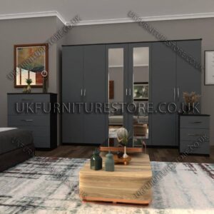 Front Gray Side Black 6 Door Wardrobe Set With 2 Mirrors