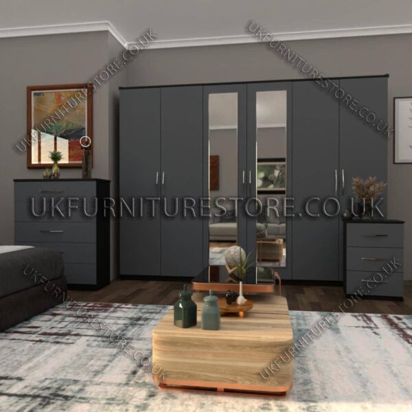 Front Gray Side Black 6 Door Wardrobe Set With 2 Mirrors