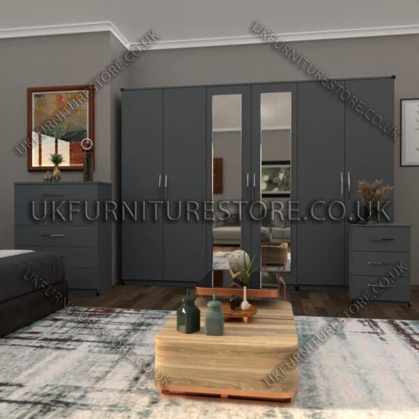 Silver 6 Door Wardrobe Set With 2 Mirrors