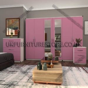 Front Pink Side White 6 Door Wardrobe Set With 2 Mirrors