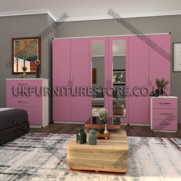 Front Pink Side White 6 Door Wardrobe Set With 2 Mirrors