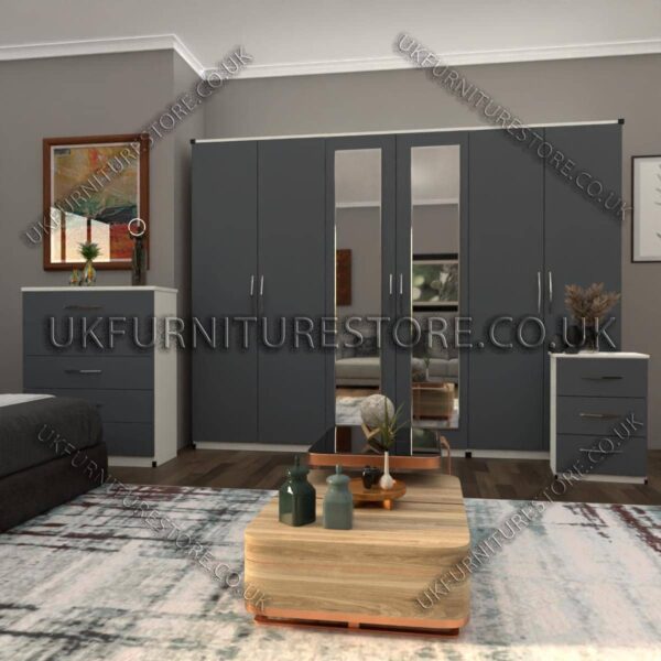 Front Gray Side White 6 Door Wardrobe Set With 2 Mirrors