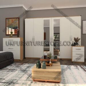 Front White Side Oak 6 Door Wardrobe Set With 2 Mirrors