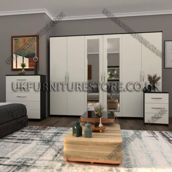 Front White Side Black 6 Door Wardrobe Set With 2 Mirrors