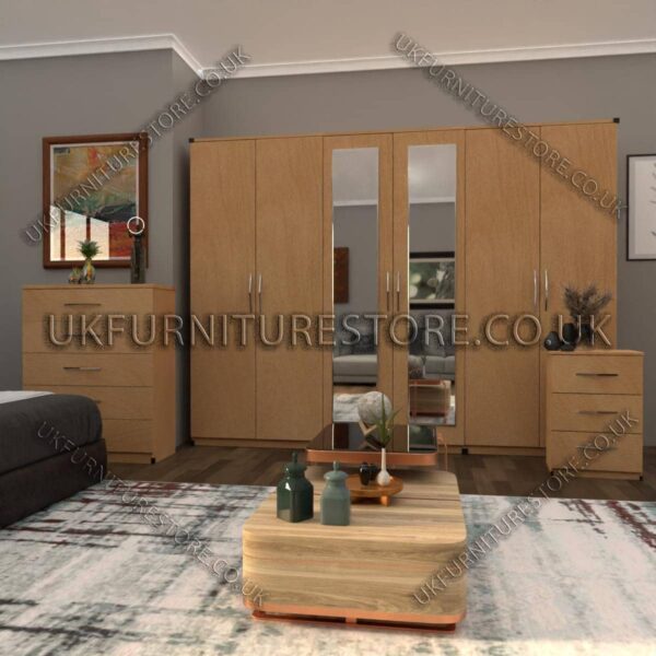 Beech 6 Door Wardrobe Set With 2 Mirrors