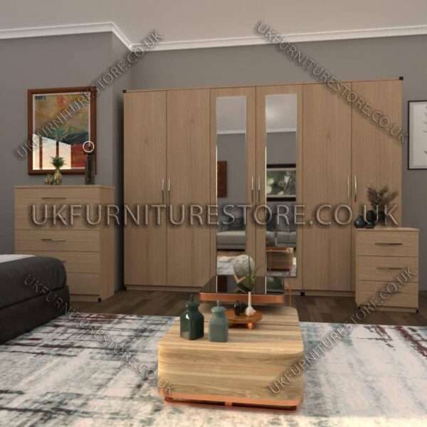 Oak 6 Door Wardrobe Set With 2 Mirrors