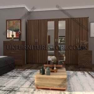 Walnut 6 Door Wardrobe Set With 2 Mirrors