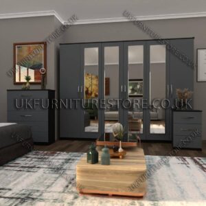 Front Silver Side Black 6 Door Wardrobe Set With 4 Mirrors