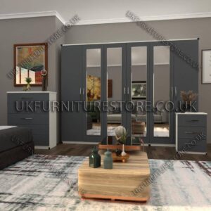 Front Gray Side White 6 Door Wardrobe Set With 4 Mirrors