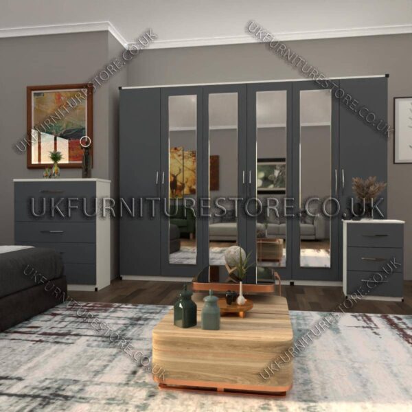 Front Gray Side White 6 Door Wardrobe Set With 4 Mirrors