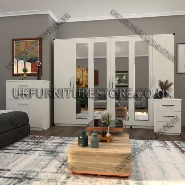White 6 Door Wardrobe Set With 4 Mirrors