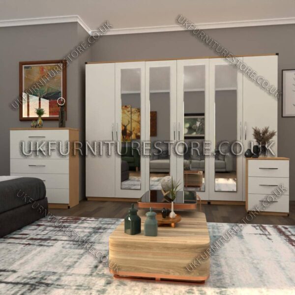 Front White Side Oak 6 Door Wardrobe Set With 4 Mirrors