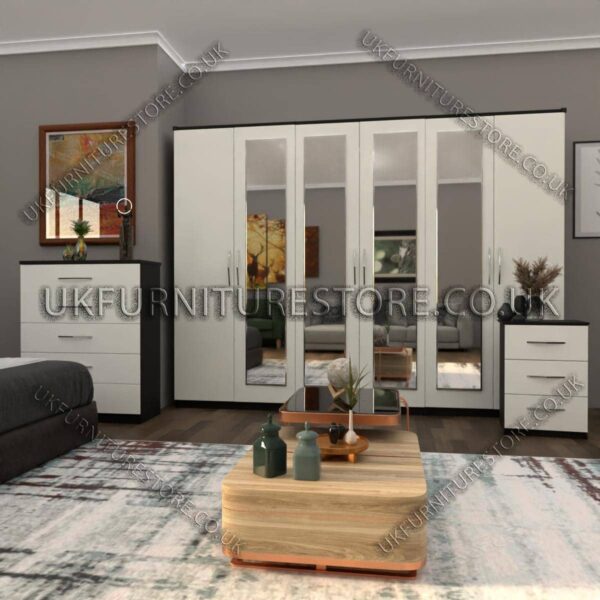 Front White Side Black 6 Door Wardrobe Set With 4 Mirrors