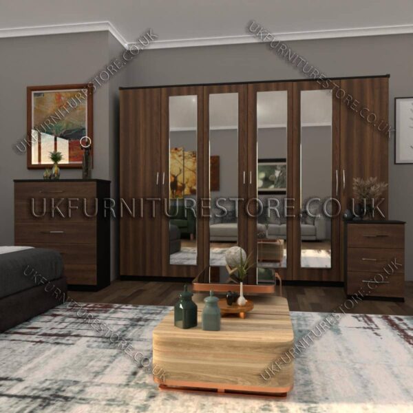 Front Walnut Side Black 6 Door Wardrobe Set With 4 Mirrors