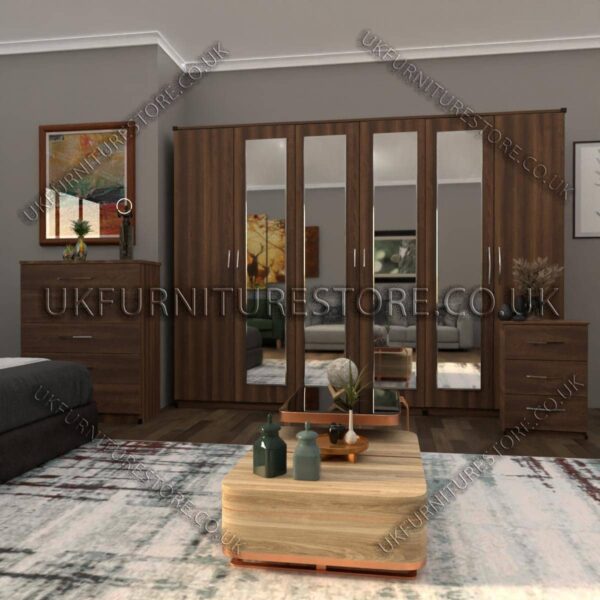 Walnut 6 Door Wardrobe Set With 4 Mirrors