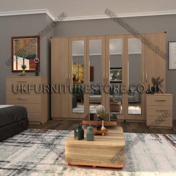 Oak 6 Door Wardrobe Set With 4 Mirrors