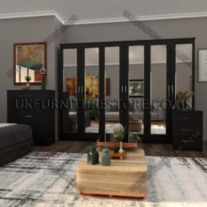 Black 6 Door Wardrobe Set With 6 Mirrors