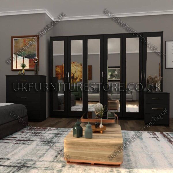 Black 6 Door Wardrobe Set With 6 Mirrors