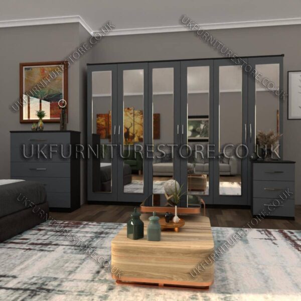 Front Gray Side Black 6 Door Wardrobe Set With 6 Mirrors