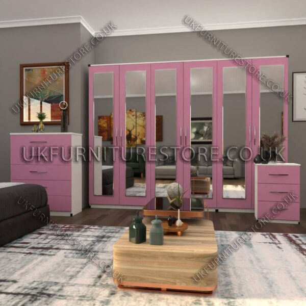 Front Pink Side White 6 Door Wardrobe Set With 6 Mirrors