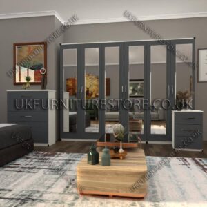 Front Gray Side White 6 Door Wardrobe Set With 6 Mirrors